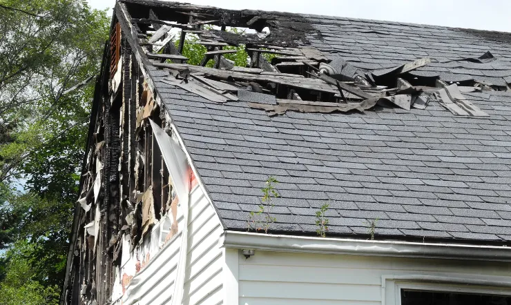 Fire damage restoration in Los Angeles with damaged roof repair, smoke-damaged exterior restoration, and home rebuild preparation