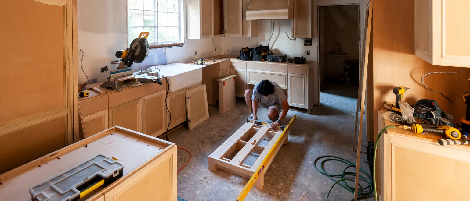 Los Angeles kitchen remodeling project with cabinet buildout, carpentry work, countertop preparation, and custom kitchen renovation construction