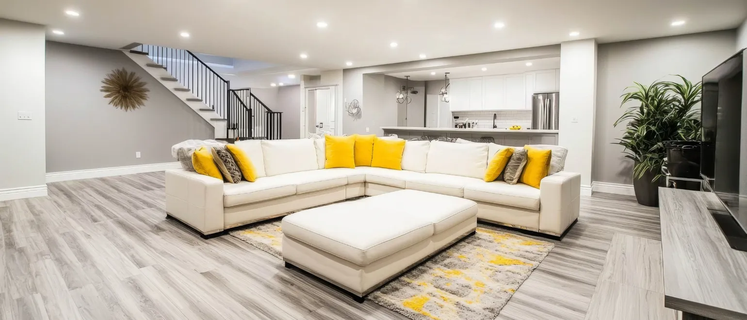 Los Angeles luxury home remodeling project with open-concept living room, modern flooring, recessed lighting, upgraded kitchen view, and high-end interior design