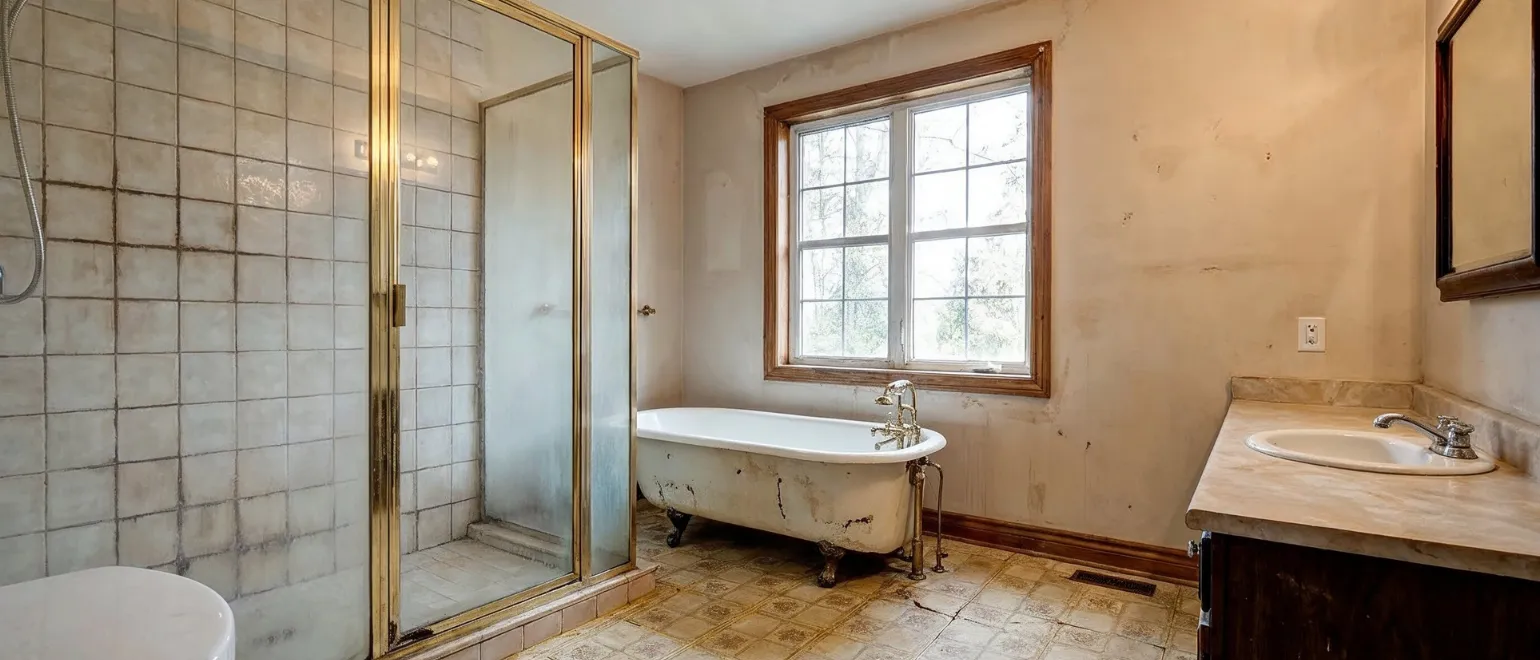 Before bathroom remodeling project in Los Angeles showing outdated tile shower, old bathtub, worn vanity, damaged walls, and dated bathroom finishes before renovation