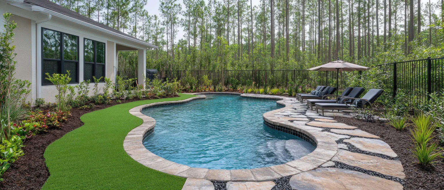 After outdoor living remodeling project in Los Angeles with luxury backyard pool, custom stone patio, lounge seating, landscape upgrades, and resort-style entertainment area