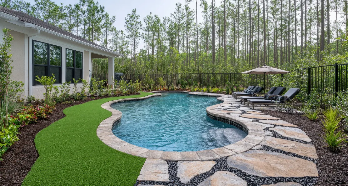 Outdoor living remodeling project in Los Angeles with luxury backyard pool, custom patio design, outdoor seating area, landscape upgrades, and resort-style entertainment space